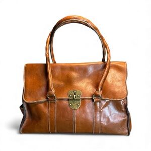 Patricia Nash Vienna Satchel Handbag Brown Tan Leather Large Bag Twist Lock